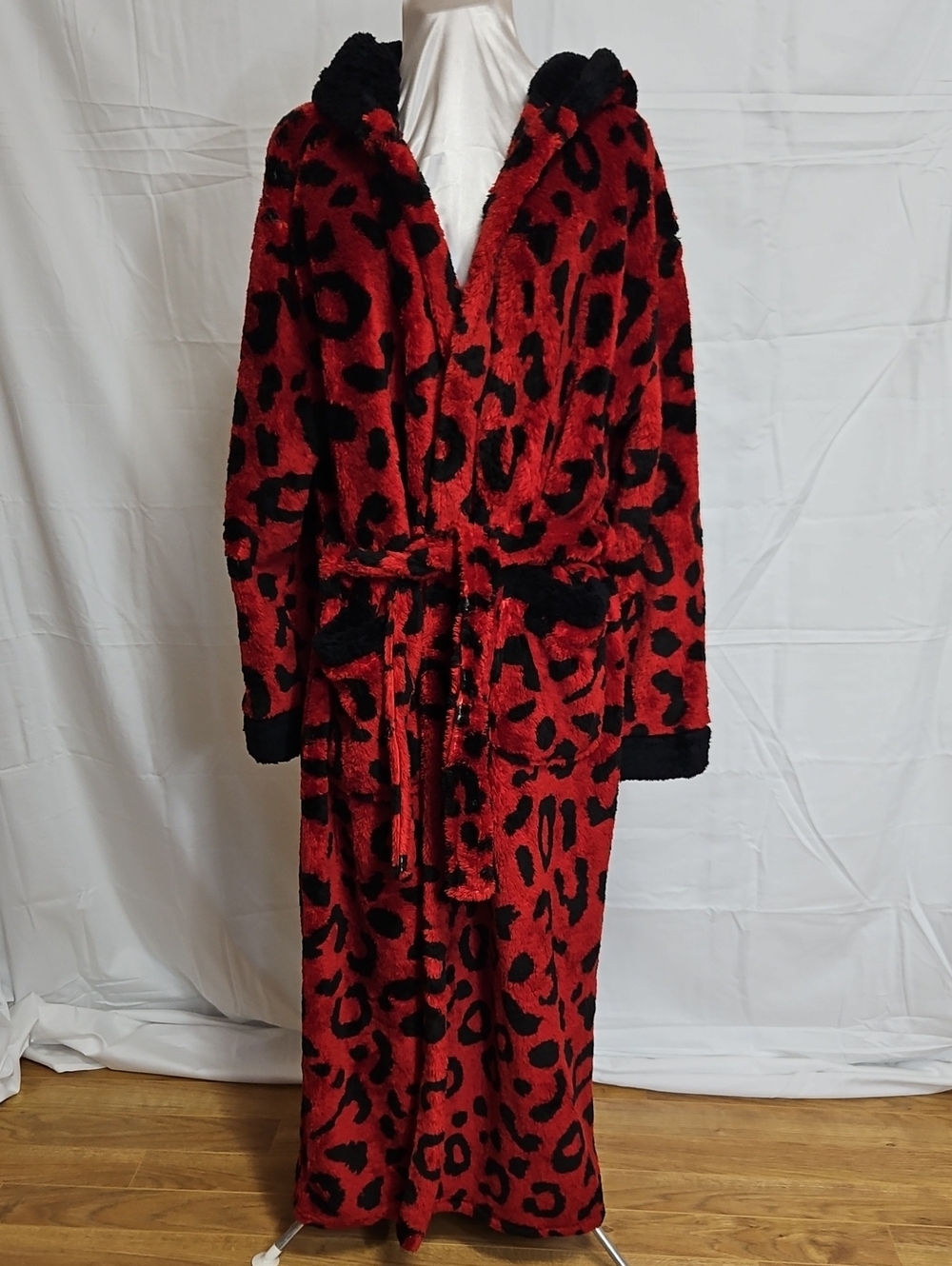 Plush Red & Black Leopard Hooded Women's Robe